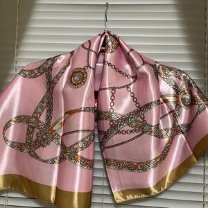 NWOT  Elegant Pink and Gold Silk Scarf  34 x 35 inches